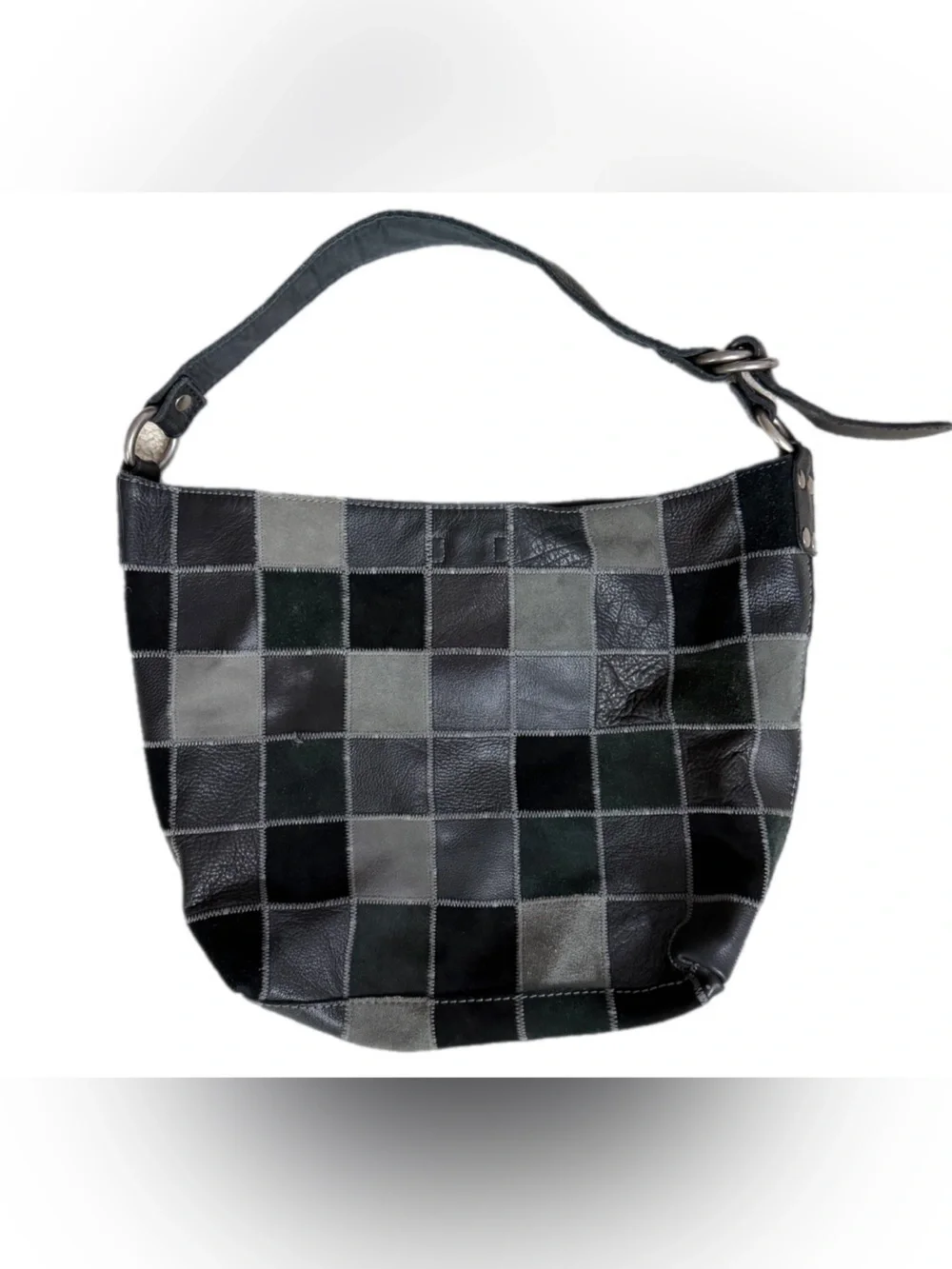 Lucky Brand Black Gray Patchwork Leather Suede Hobo Shoulder Bag Boho Y2K